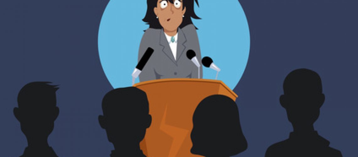 Terrified female speaker on a stage in front of the audience, EPS 8 vector illustration, no transparencies